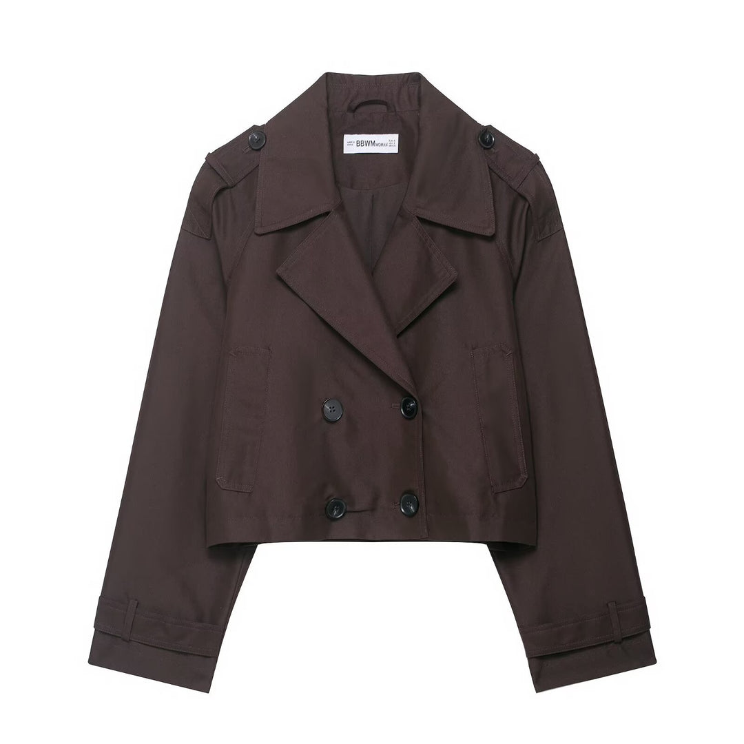 Damen Cropped Doppelreiher-Trenchjacke mit Epauletten, weiten Revers und verstellbaren Ärmelriegeln Drune