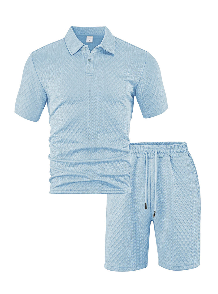 Herren nan eleganter Freizeit-Zweiteiler aus geprägtem Strick mit Polokragen Kurzarmshirt und Tunnelzug-Bermuda Drune