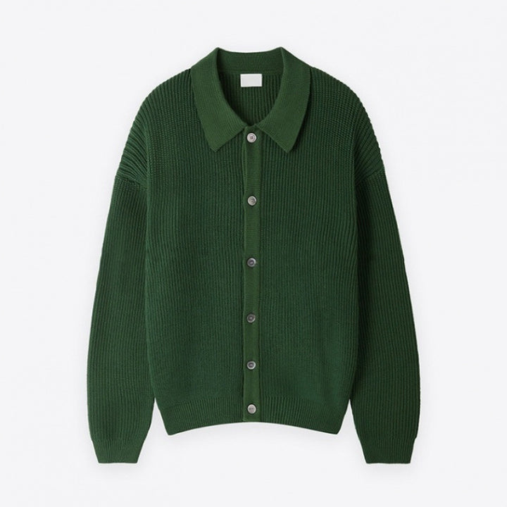 Unisex Grobgerippte Strickjacke mit Hemdkragen und durchgehender Knopfleiste Drune