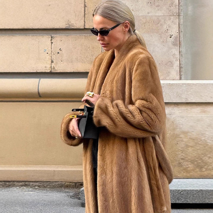 Damen Luxuriöser langer Pelzmantel mit Schalkragen und kaschierendem Oversize-Schnitt Drune