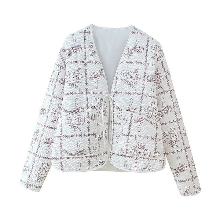Damen nan gesteppte Kimono-Jacke mit Bindegürtel, aufgesetzten Taschen und floraler Karoprint Drune