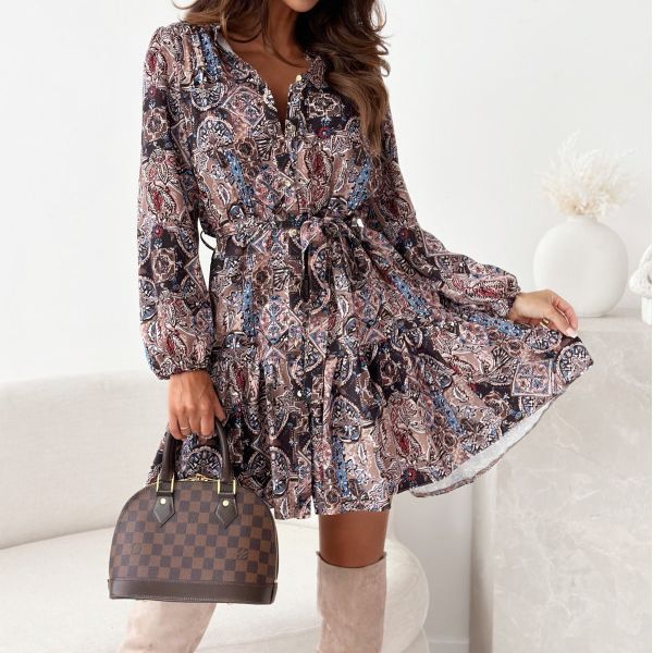 Damen Kurzarm Kleid mit tailliertem Schnitt und Blumenmuster Drune