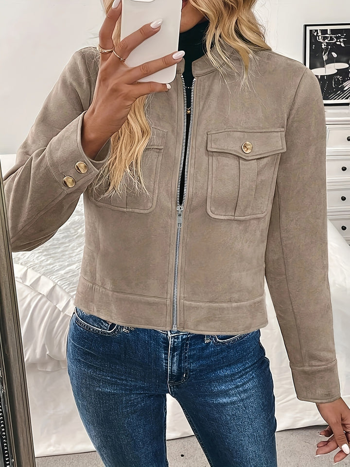 Damen modische Kurzjacke aus hochwertigem Kunstleder mit praktischen Taschen Drune