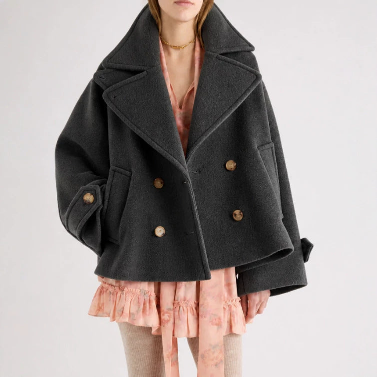 Damen Kurz geschnittener Oversize Peacoat aus Wollmix mit breitem Revers Drune