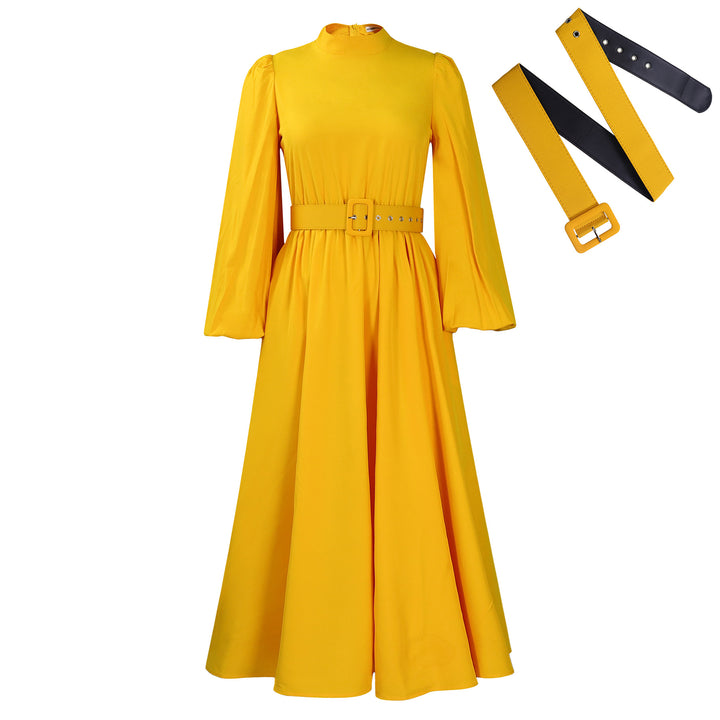 Damen Maxikleid mit hochgeschlossenem Kragen und abnehmbarem Taillengürtel Drune