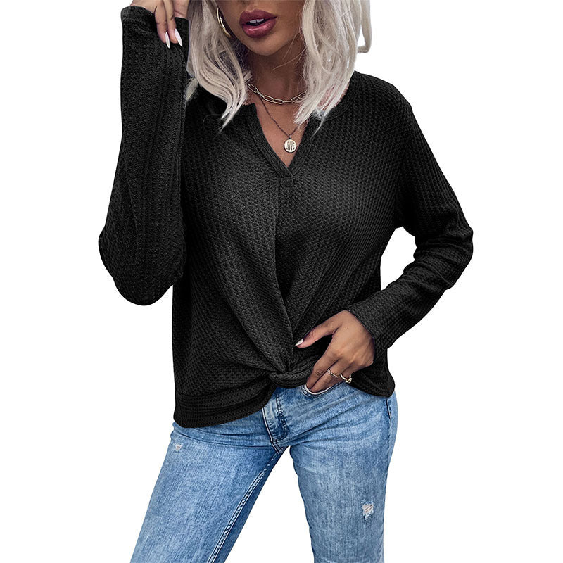 Damen Waffelstrick-Longsleeve mit V‑Ausschnitt und Knotenfront Drune