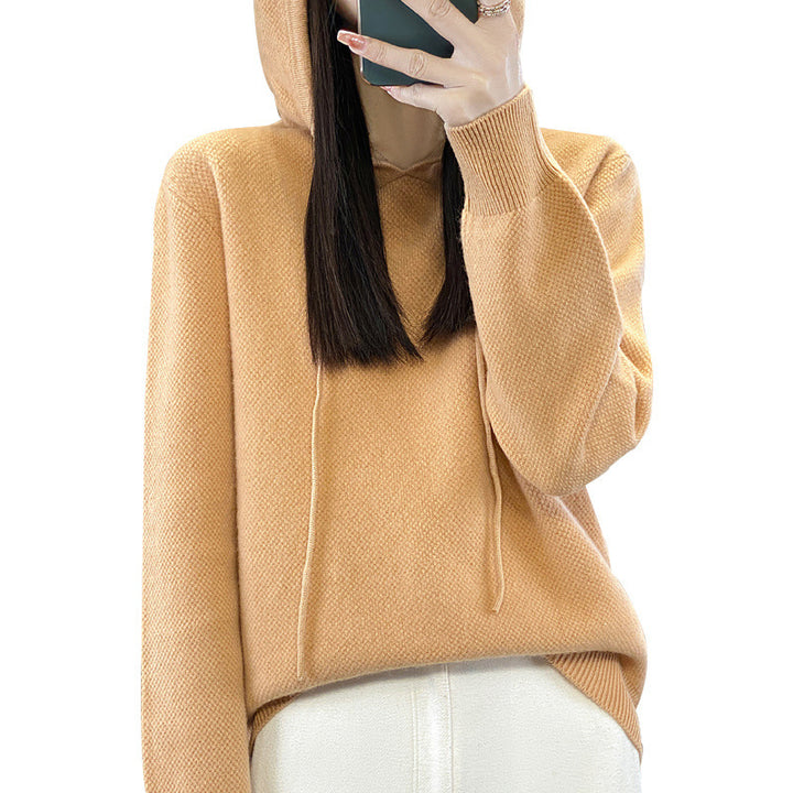 Damen weicher Feinstrick‑Kapuzensweater mit melierter Struktur und gerippten Bündchen Drune
