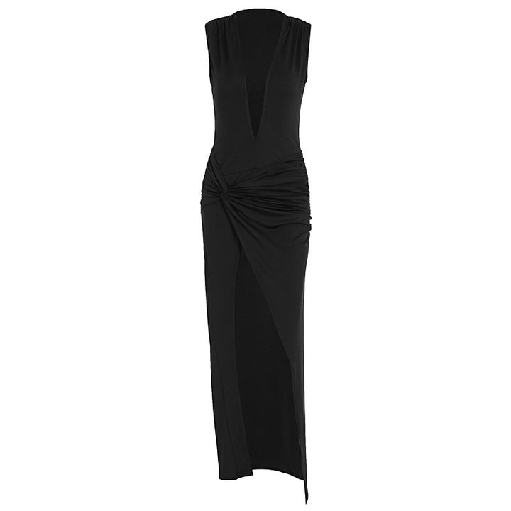 Damen elegantes langes Kleid mit tiefem V-Ausschnitt und raffinierter Raffung Drune