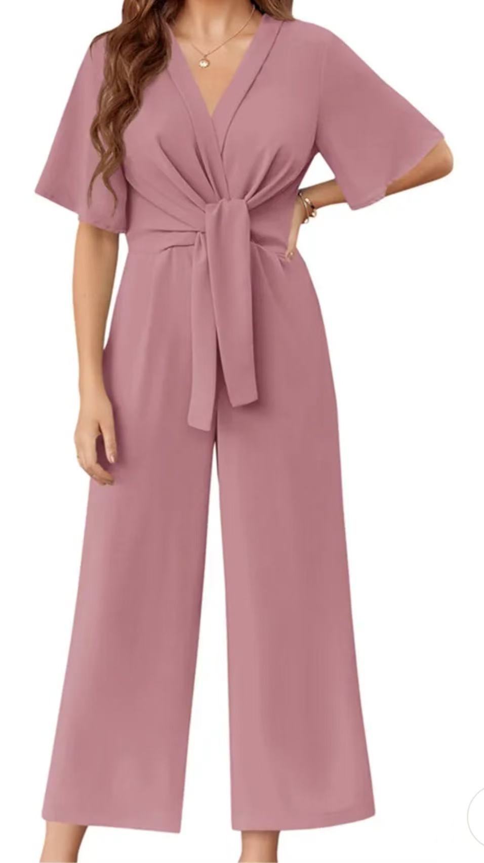 Damen eleganter Wickel-Jumpsuit mit weiten Beinen und Taillengürtel Drune
