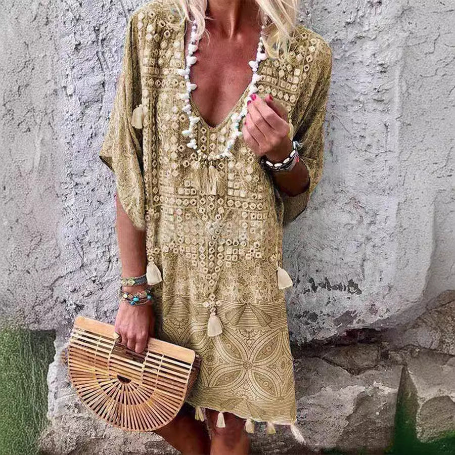 Damen Boho-Chic Kaftan mit V-Ausschnitt und Tassel-Details Drune