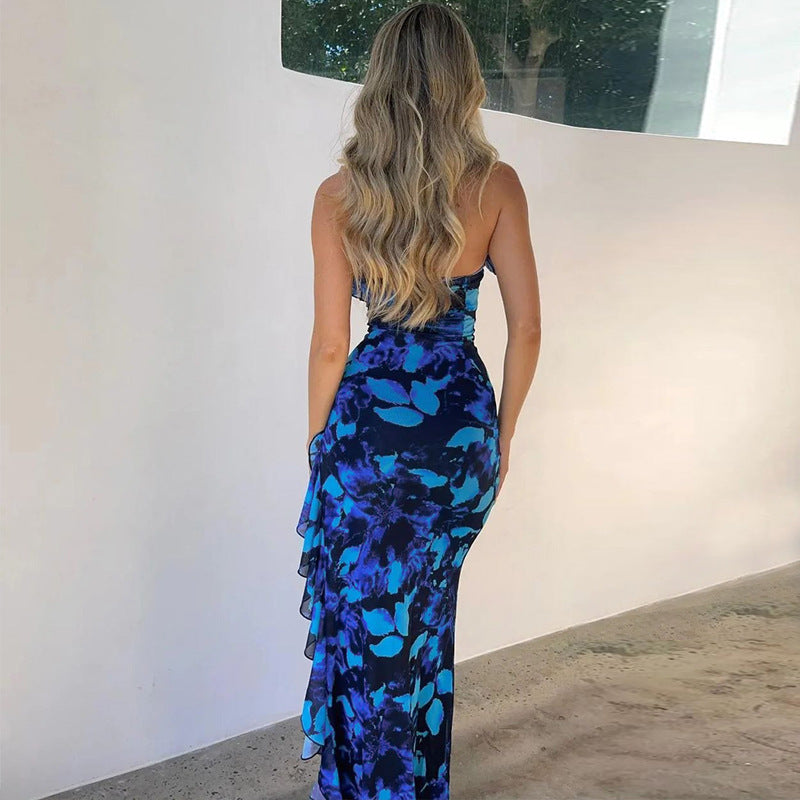 Damen Träger Maxikleid mit verspieltem Rüschen-Ausschnitt und floralem Design Drune