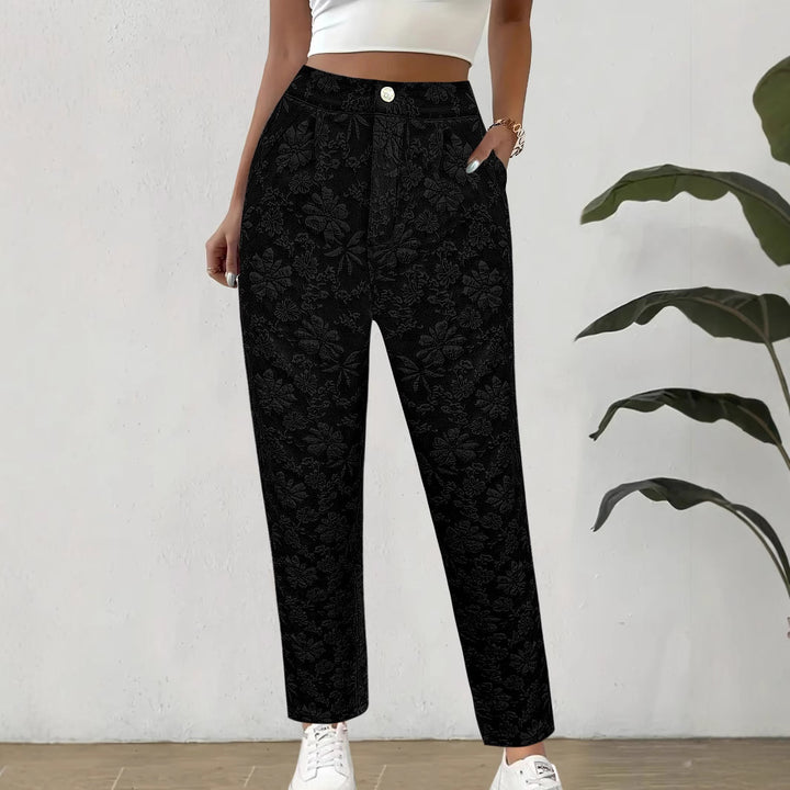 Damen Hochtaillierte Bundfalten‑Hose mit floralem Jacquard und geradem Bein Drune