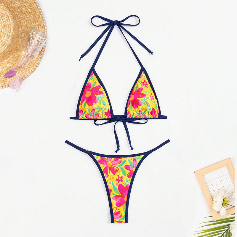 Damen Triangel-Bikini mit buntem floralem Design und verstellbaren Bindebändern Drune