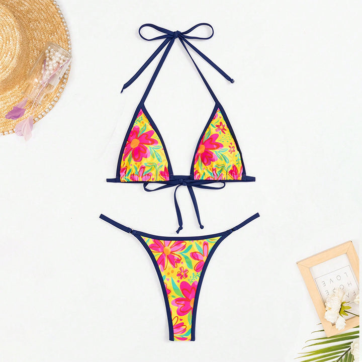 Damen Triangel-Bikini mit buntem floralem Design und verstellbaren Bindebändern Drune