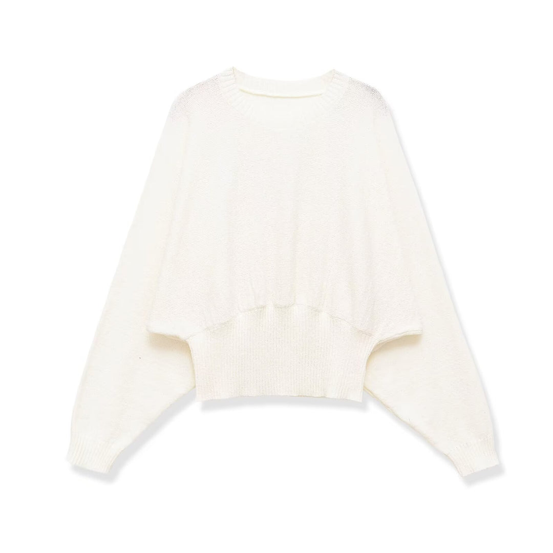 Damen weit geschnittener Cropped-Pullover mit Fledermausärmeln und breitem Rippbündchen Drune