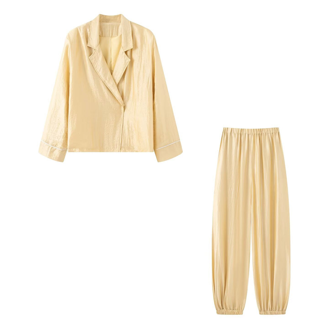 Damen Zweiteiliges Satin-Pyjama-Set mit Blazer-Oberteil und elastischer Bundhose Drune