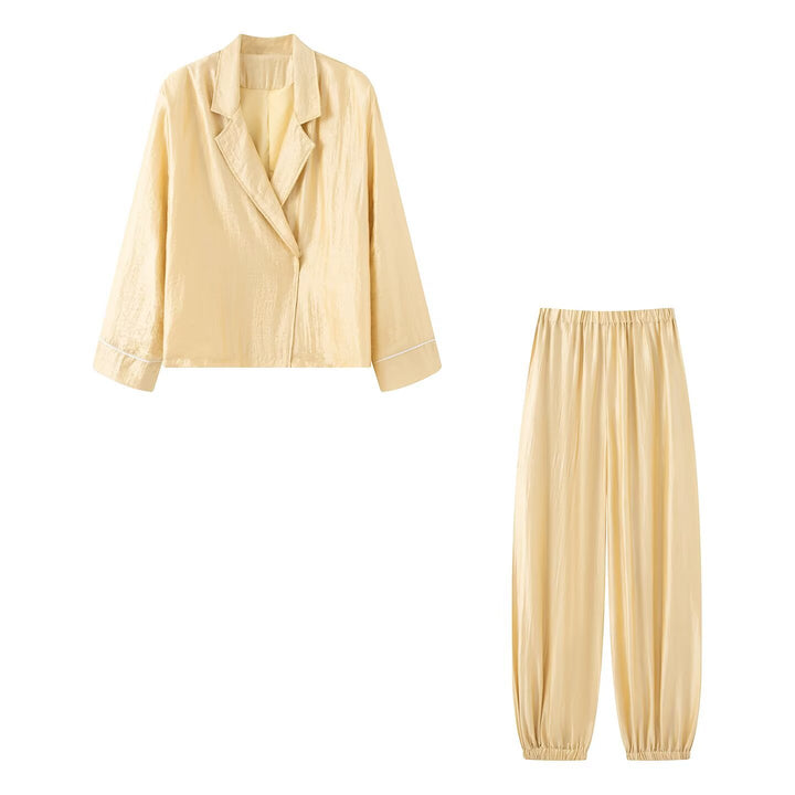 Damen Zweiteiliges Satin-Pyjama-Set mit Blazer-Oberteil und elastischer Bundhose Drune