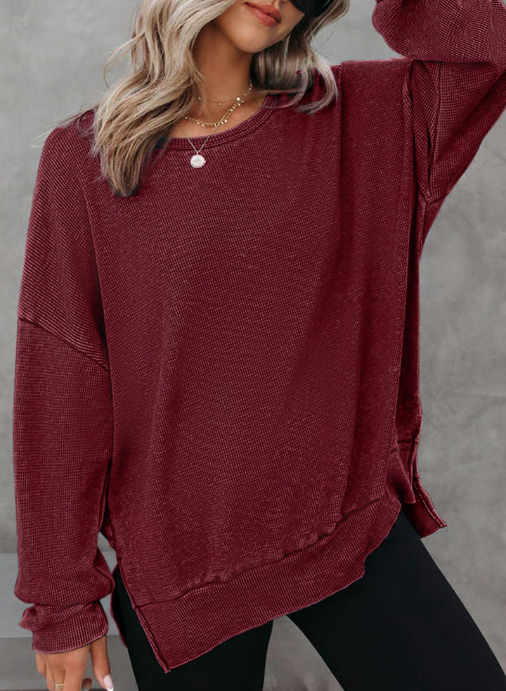 Damen Lässiger Waffelpullover mit modernen Seitenschlitzen Drune