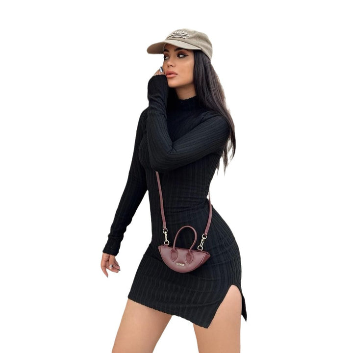 Damen Enganliegendes Rippstrick-Minikleid mit Rollkragen und langen Ärmeln Drune