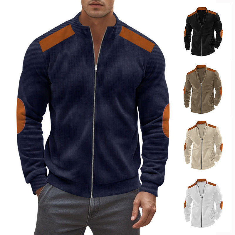Herren nan Stehkragen-Sweatjacke mit feiner Rippstruktur, Ellbogen-Patches und kontrastierenden Schulterdetails Drune