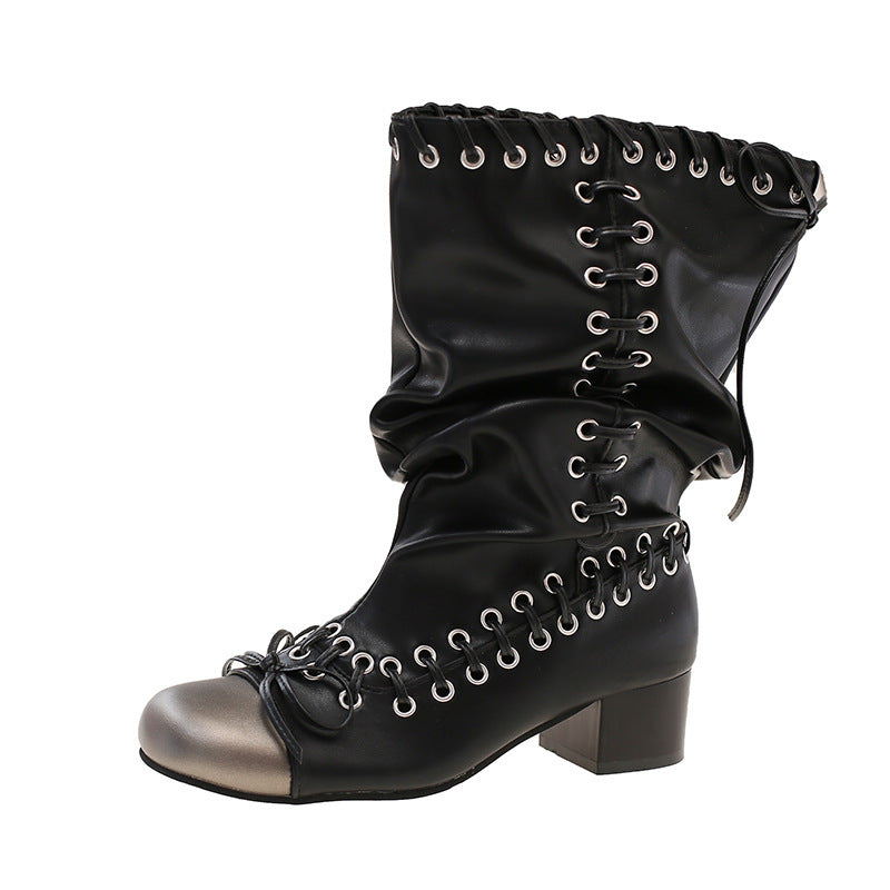 Damen Modische Stiefeletten mit Schnürung und Metallakzenten Drune