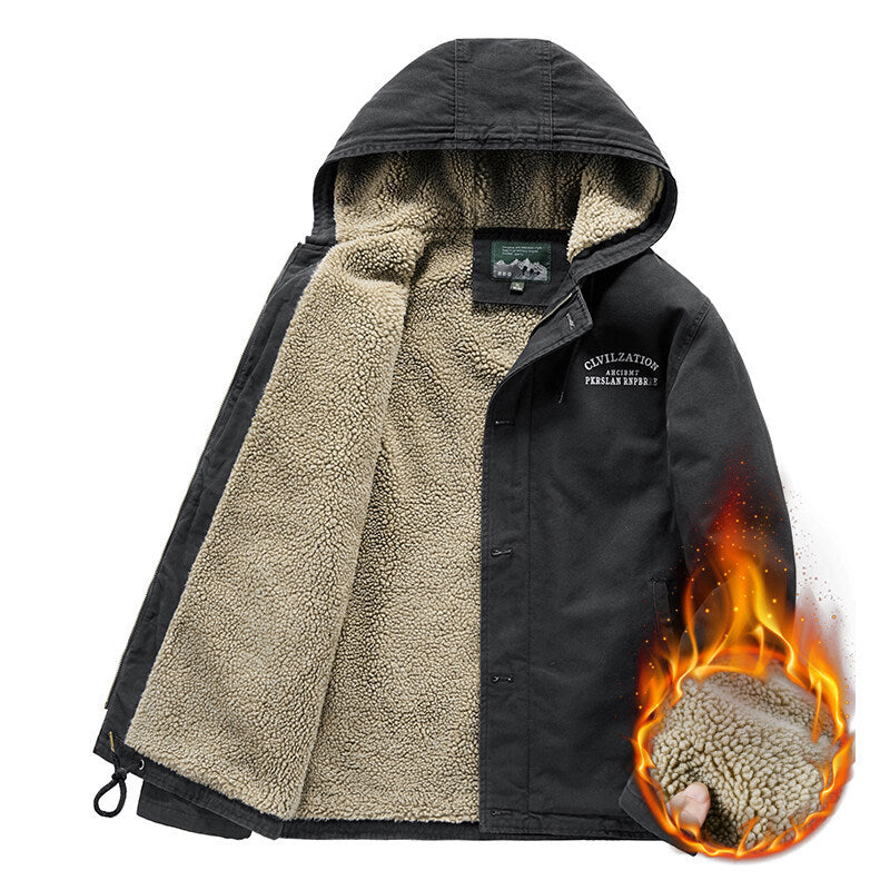Herren Outdoor-Canvasjacke mit Voll-Sherpa-Innenfutter, Kapuze und Thermo-Isolierung Drune