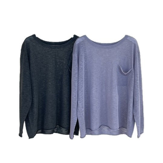 Damen Weites leichtes Feinstrick-Longsleeve mit Brusttasche und Rundhalsausschnitt Drune