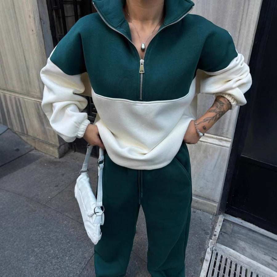 Damen Oversized Zweifarbiges Half-Zip Loungewear-Set mit Stehkragen und weitem Palazzo-Jogger Drune