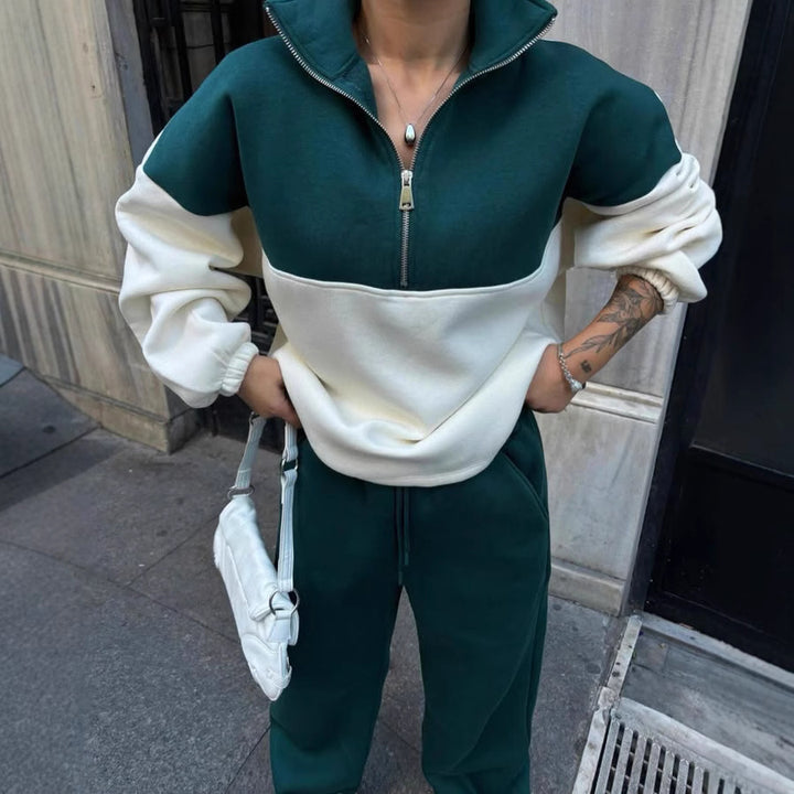Damen Oversized Zweifarbiges Half-Zip Loungewear-Set mit Stehkragen und weitem Palazzo-Jogger Drune