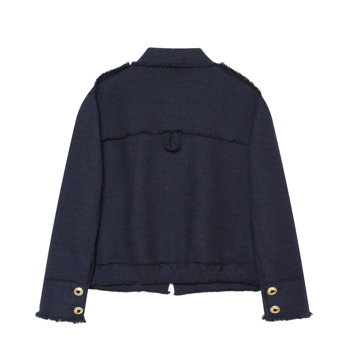 Damen Bouclé‑Tweed Kurzblouson mit Fransen‑Detail, Pattentaschen und Schulterpatten Drune