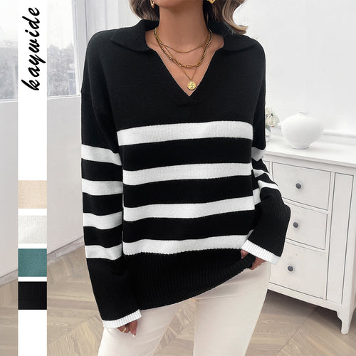 Damen nan lässiger V‑Ausschnitt Strickpullover mit Polokragen, gerippten Ärmelsäumen und markanten Blockstreifen Drune