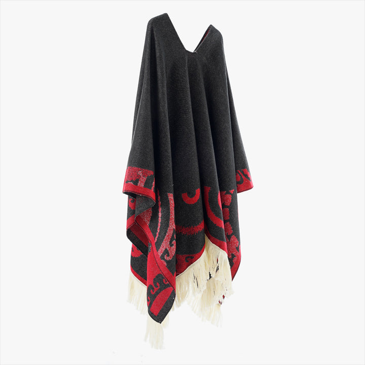 Damen Wollmix-Medallionponcho mit V-Ausschnitt und Fransensaum Drune