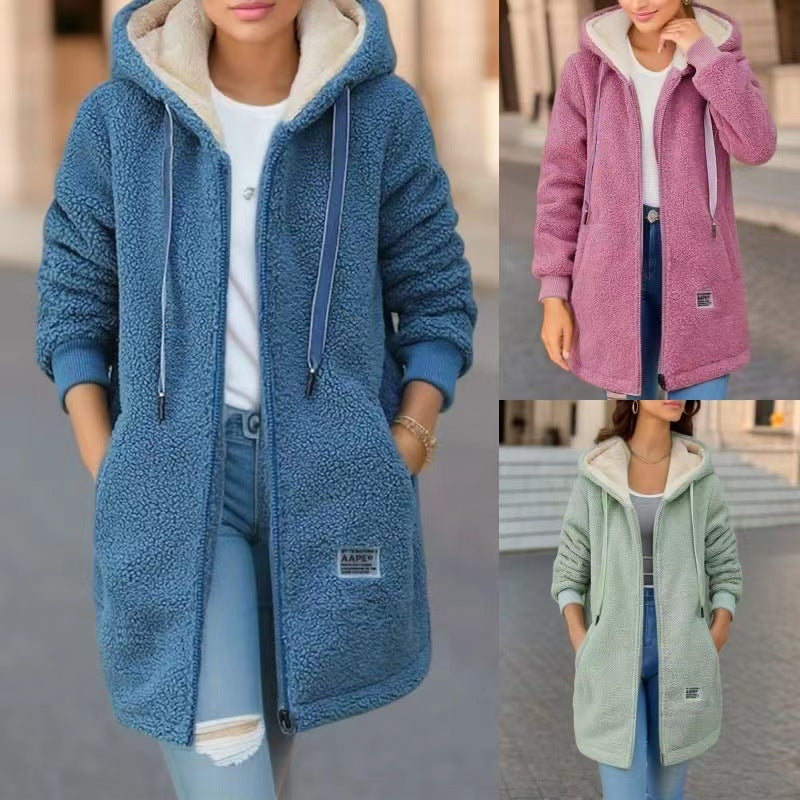 Damen Kapuzen-Sherpa-Jacke mit gestickten Details Drune