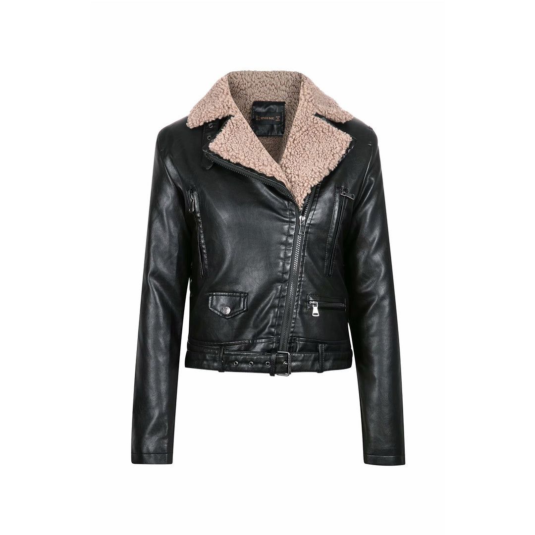 Damen stylische Lammfell-Bikerjacke mit doppeltem Reißverschluss und taillierbarem Gürtel Drune