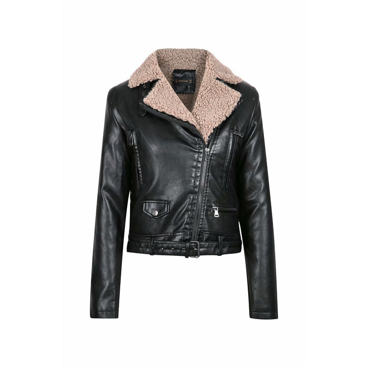 Damen stylische Lammfell-Bikerjacke mit doppeltem Reißverschluss und taillierbarem Gürtel Drune