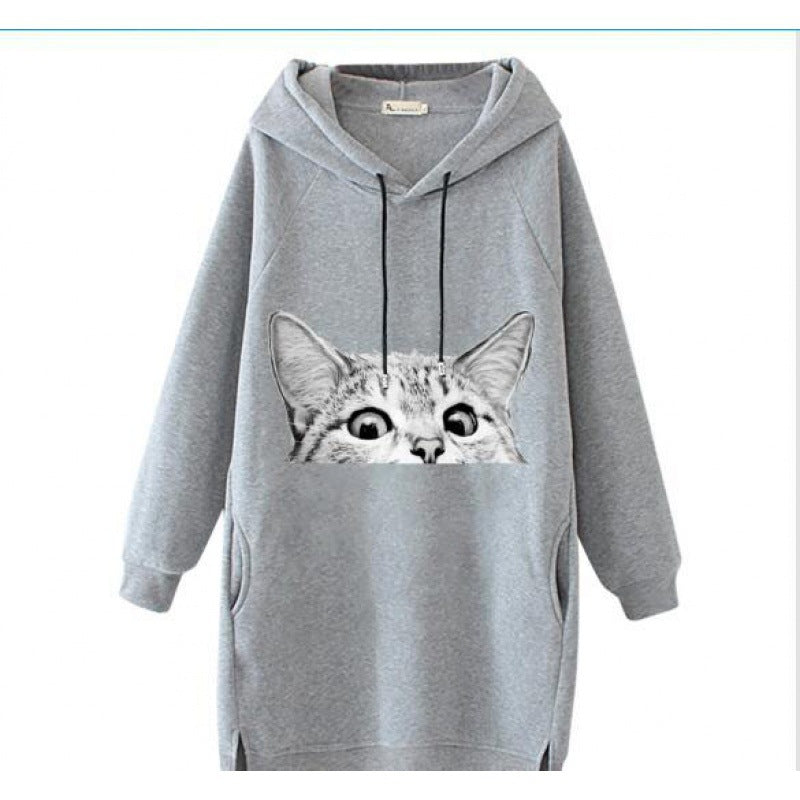 Damen Oversize Kapuzenkleid aus Sweat mit großem Katzenprint und Seitentaschen Drune