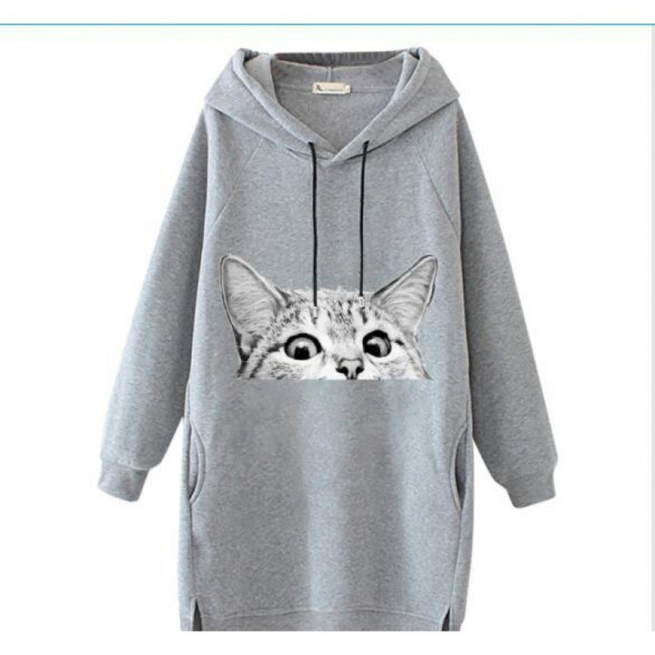 Damen Oversize Kapuzenkleid aus Sweat mit großem Katzenprint und Seitentaschen Drune