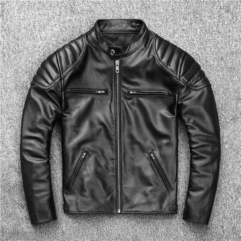 Herren Vintage Biker-Lederjacke mit Stehkragen und gesteppter Schulterpolsterung Drune