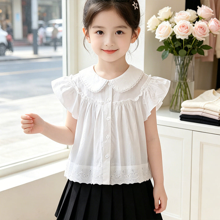 Mädchen elegante Bluse mit Spitzenkragen und Rüschendetails Drune