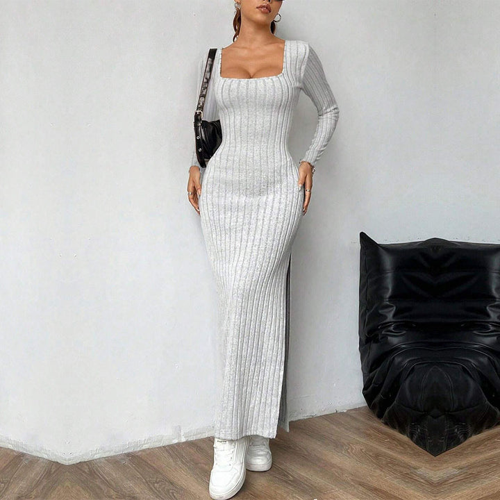 Damen figurbetontes geripptes Maxikleid mit quadratischem Ausschnitt und seitlichem Beinschlitz Drune