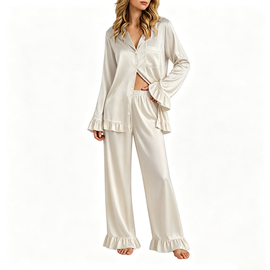 Damen Satin-Pyjama-Set mit Knopfhemd, weiten Palazzo-Hosen und Rüschensaum Drune