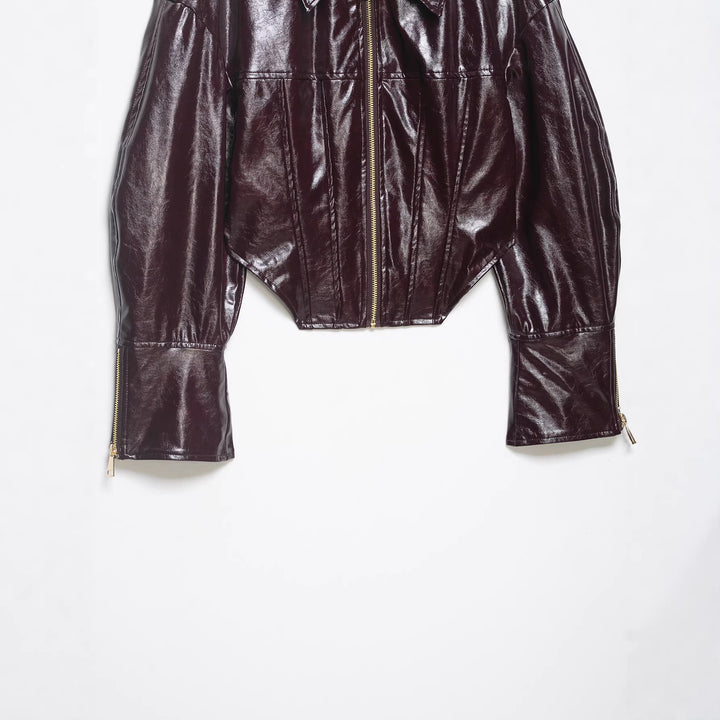 Damen Cropped Lackleder-Optik Bikerjacke mit Oversize-Ärmeln, Schulterklappen und durchgehendem Frontzip Drune