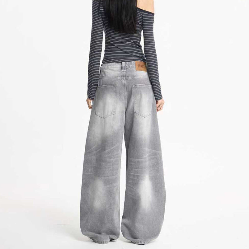 Damen Ultraweite Bodenlange Denim-Palazzohose mit tiefem Schritt und Vintage-Fade Drune