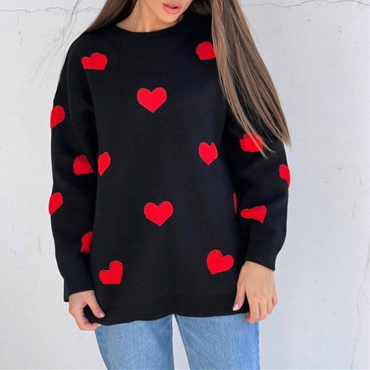 Damen Oversize-Feinstrickpullover mit Allover-Herzintarsien und überschnittenen Schultern Drune