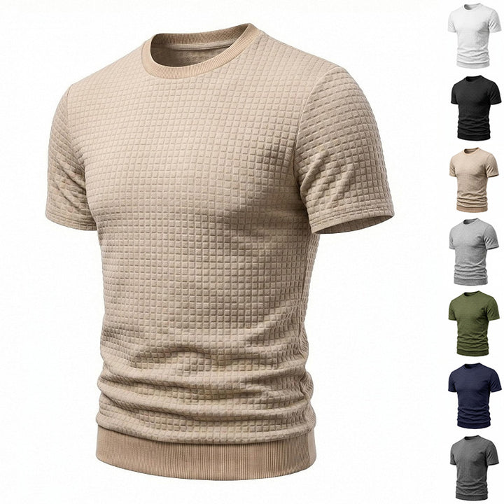 Herren nan kurzärmeliges Strickshirt mit geprägter Karostruktur, Rundhalsausschnitt und geripptem Saum Drune