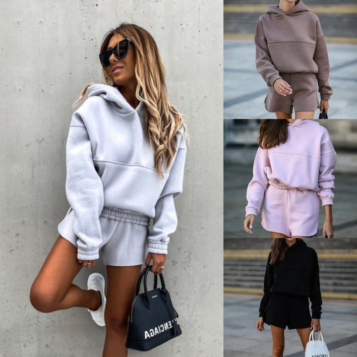 Damen lässiger Hoodie und Shorts-Anzug mit elastischem Bund und modernem Schnitt Drune