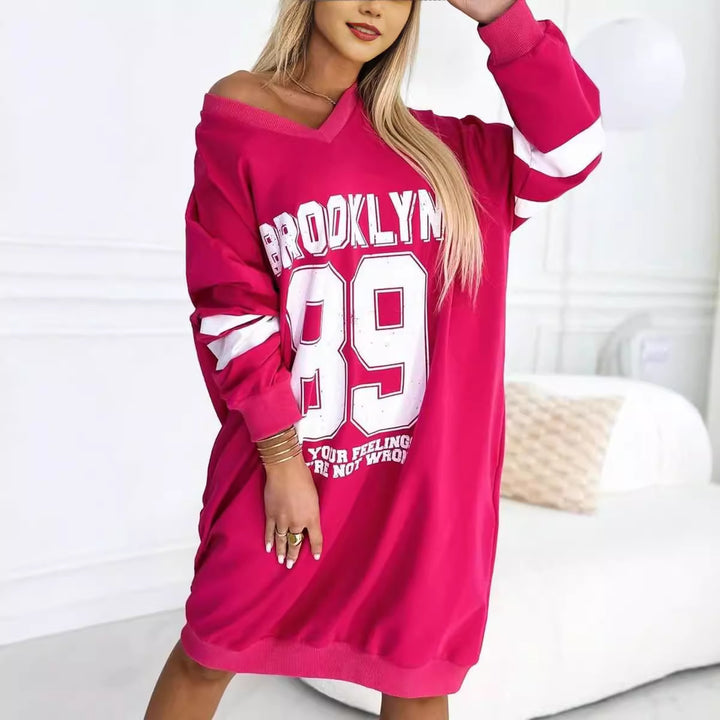 Damen lässiges oversized Sportkleid mit V-Ausschnitt und kontrastierenden Ärmeln Drune