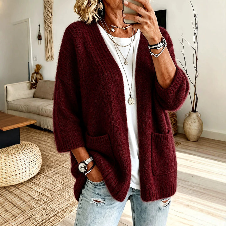 Damen Offener Longcardigan im Mohair-Look mit aufgesetzten Taschen und überschnittener Schulter Drune