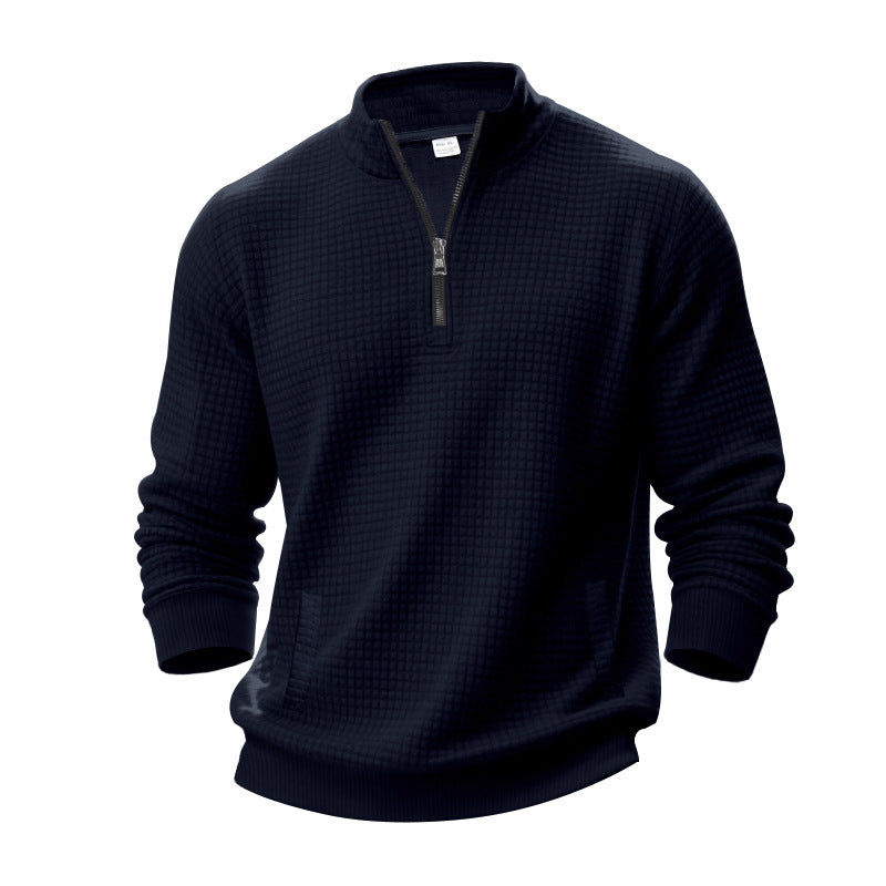 Herren nan Waffelstruktur-Halbzip-Pullover mit Stehkragen und dezenten Eingrifftaschen Drune