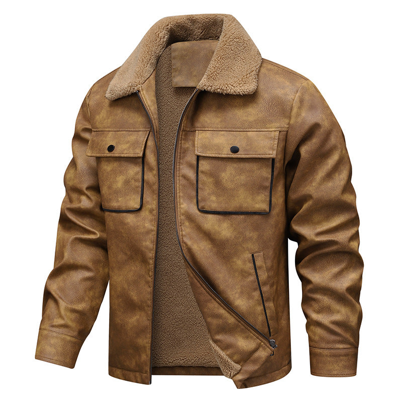 Herren Vintage-inspirierte Kunstlederjacke mit Teddyfutter und Hemdkragen Drune